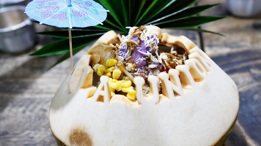 Special Halo Halo of Halo Halo de Iloko, served in coconut shell