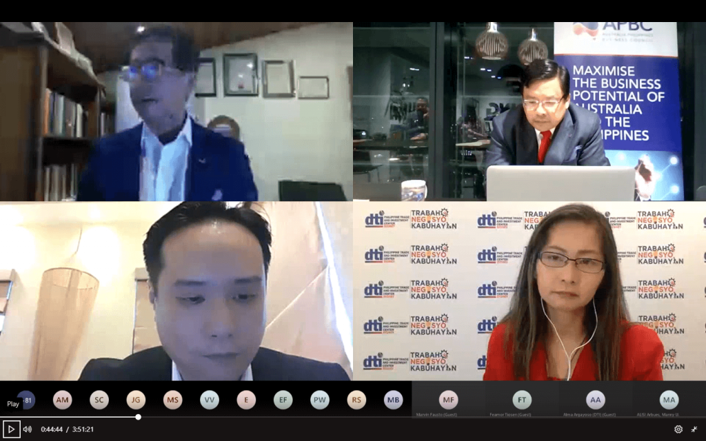 CLOCKWISE FROM TOP: Ms. Alma F. Argayoso, Consul Commercial, PTIC Sydney; Mr. Eduardo Alcordo, President, Australia Philippines Business Council (APBC); Mr. Anthony Mandap, Deputy Consul General, Philippine Consulate General Melbourne and Mr. Manuel Arbues II, Regional Head of Asia-Pacific, Europe, Middle East and Africa, Ayala Land International Sales