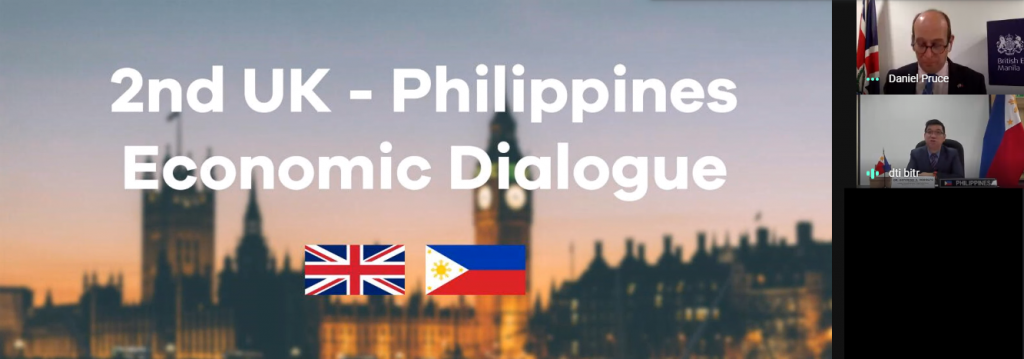 Opening slide of the presentation of the UK-Philippines Economic Dialogue, featuring the flags of concerned parties over a background of a UK landmark