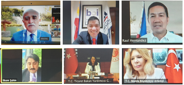 The key panelists for the OPPORTUNITIES BETWEEN TURKEY AND THE PHILIPPINES seminar held last August 18 who digitally converged from Manila, Ankara and Istanbul (clockwise from top left:  DEIK President Mr. Nail Olpak;  DTI Undersecretary for Industry Development and Trade Policy Mr. Ceferino Rodolfo; Philippine Ambassador to Turkey, H.E. Raul Hernandez; Turkish Ambassador to the Philippines H.E. Artemiz Sumer; Turkish Deputy Minister of Trade Gonca Yilmaz Batur; and Turkey-Philippine Business Council Chairperson (DEIK), Mr. Ilkem Sahin.