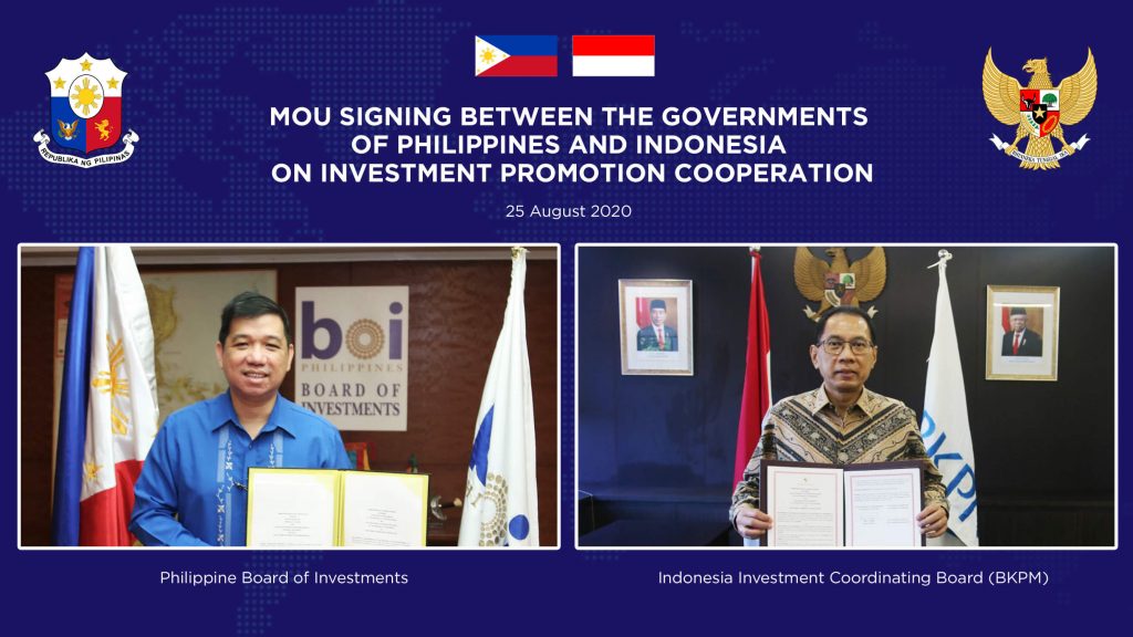 BOI-BKPM ink MOU. Trade Undersecretary and BOI Managing Head Ceferino S. Rodolfo (L) and BKPM Deputy Chairman Ikmal Lukman (R) sign the Memorandum of Understanding (MOU) between the Philippine Board of Investments (BOI) and the Indonesia Investment Coordinating Board (BKPM) that calls for greater facilitation, collaboration, and promotion of programs and joint activities between the Philippines and Indonesia. The MOU will allow both agencies to exchange public information on policies, regulations, and procedures on investment issues and potential investment opportunities. It will also promote and facilitate foreign direct investment from the Philippines to Indonesia and vice versa, and foster closer cooperation in organizing business meetings, joint consultations, seminars, roadshows, and business match-ups in areas of common interest.
