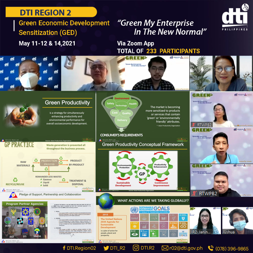 Screenshot of presentations and participants during the webinar Green Enterprise in the New Normal