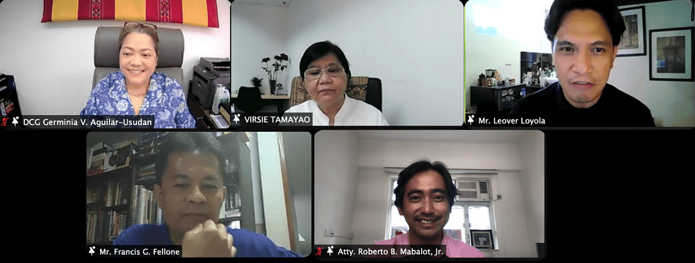 Zoom screenshot of DCG Germinia Usman, OWWA Welfare Atache Virsie Tamayo, Landbank Overseas Representative Francis Fellone, and Atty. Bobby Mabalot of PTIC Hong Kong during a TNK webinar on preparing for OFWs for reintegration
