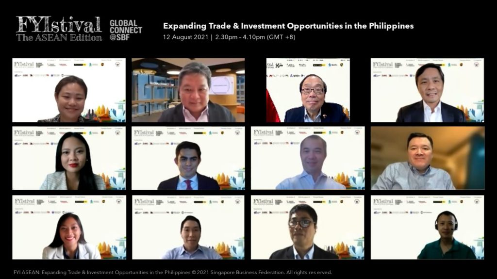 Zoom screenshot of speakers during the FYIstival event organized by DTI-Singapore featuring speakers from both the Philippines and Singapore sides