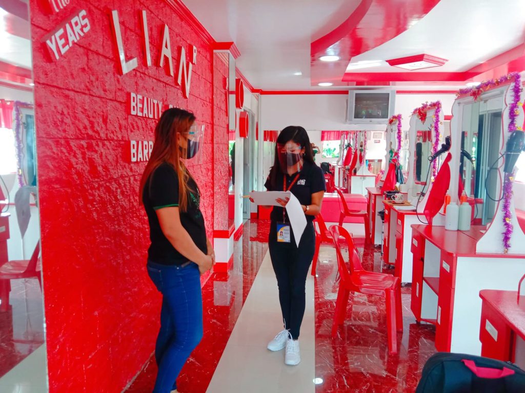 in photo: NC Calauag team in conducting post-audit monitoring on the compliance of barbershops & salons with prevailing IATF and DTI issued guidelines