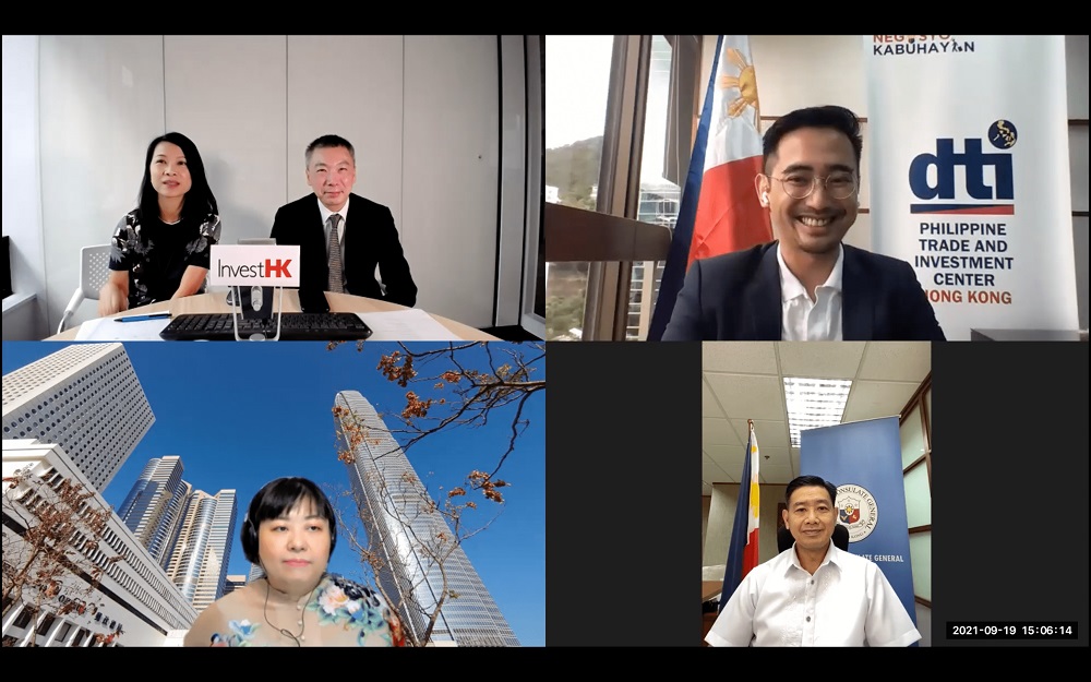 Zoom screenshot of speakers at the Trabaho Negosyo Kabuhayan weebinar organized by DTI Hong Kong with InvestHK