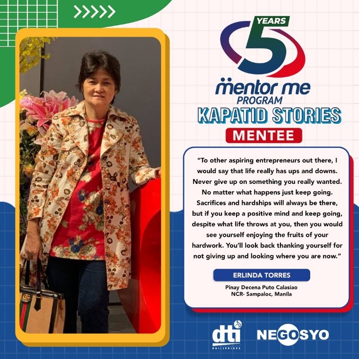 Social card showing Erlinda Torres, owner of Pinay Decena Puto Calasiao, with an inspirational advice for aspiring entrepreneurs