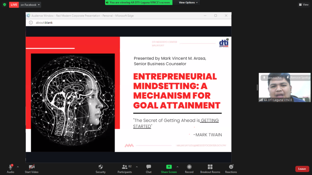 Screen Capture of the speaker's presentation - Entrepreneurial Mindsetting: A Mechanism for Goal Attainment