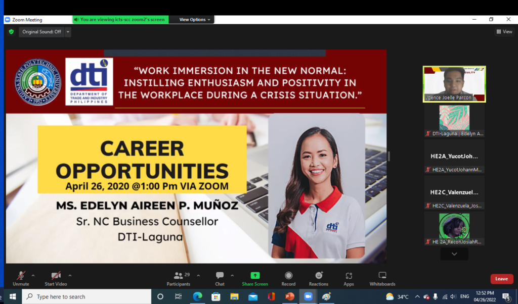 Screen capture: Career Opportunities with Ms. Edelyn Aireen P. Muñoz