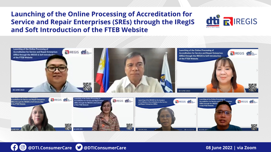 In the picture, from left to right, are Consumer Protection Group (CPG) Assistant Secretary and FTEB Concurrent Director Ronnel O. Abrenica, Management Services Group (MSG) Undersecretary Ireneo V. Vizmonte, Consumer Protection Group (CPG) Assistant Secretary Ann Claire C. Cabochan, Knowledge Management and Information Service (KMIS) Director Patricia May M. Abejo, FTEB Assistant Director Marimel D. Porciuncula, Business Licensing and Accreditation Division Chief Lucila C. Salili, and Information Systems Management Service (ISMS) Consultant Ric T. Valiente, Jr.