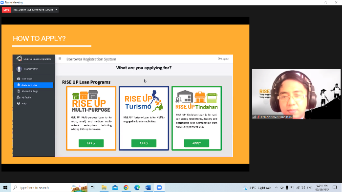Screen capture: Mr. Francis Daniel Rebollado, Account Management Analyst II of SB Corporation, presenting the RISE UP program.