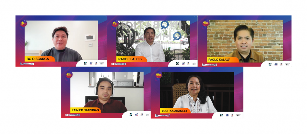 Startup Founders shared their successful startup journeys during the Slingshot Conference (From upper left to lower right: Bo Discarga, Ragde Falcis, Paolo Kalaw, Rainier Natividad, Lolita Cabanlet)