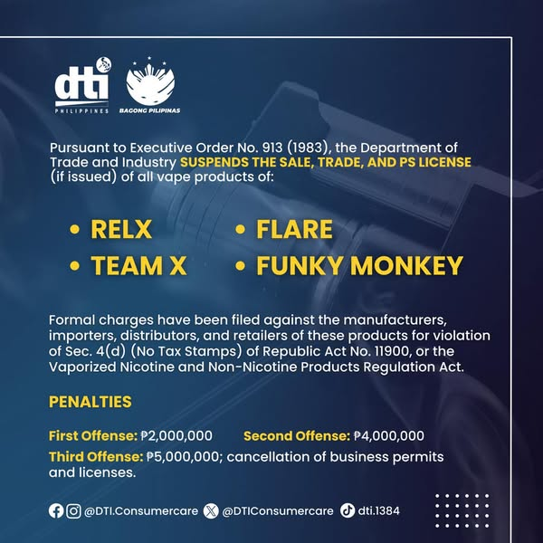 DTI suspends the sale, trade, and PS Licenses of all vape products under Executive Order No. 913