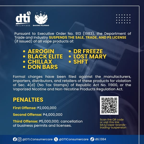 DTI suspends the sale, trade, and PS Licenses of all vape products under Executive Order No. 913