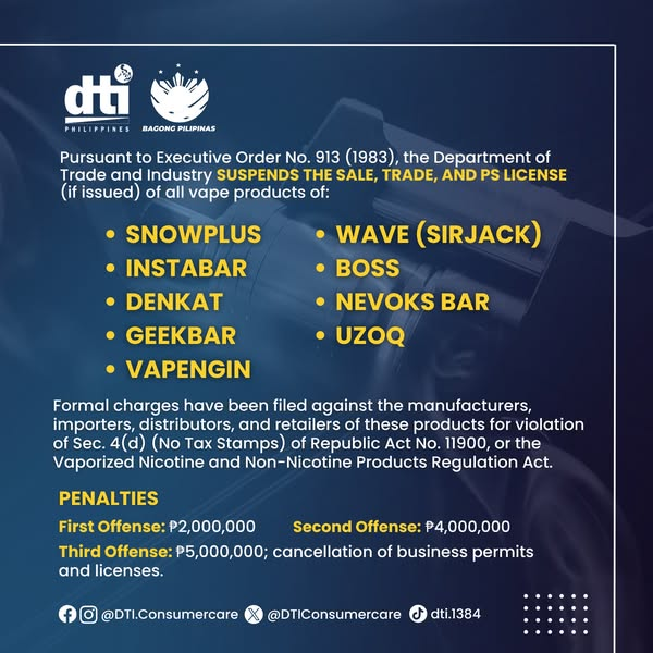 DTI suspends the sale, trade, and PS Licenses of all vape products under Executive Order No. 913