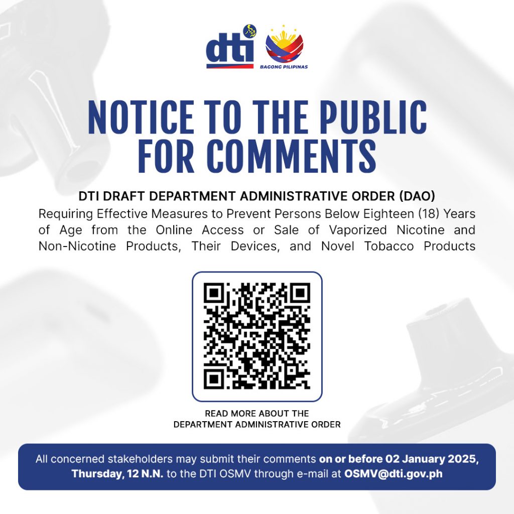 Call for Public Comments: DTI Draft Administrative Order on Restricting Online Vape Access for Minors