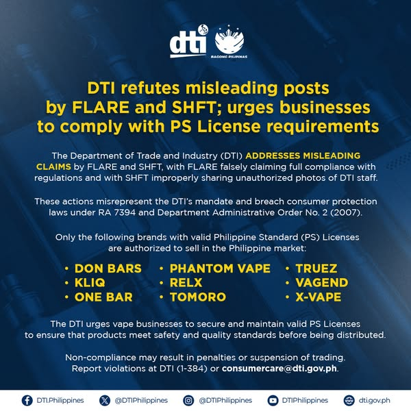 DTI refutes misleading posts by FLARE and SHFT; urges businesses to comply with PS License requirements