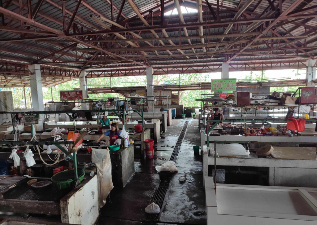 Market scene with vendors and stalls, showing various produce and a busy atmosphere.