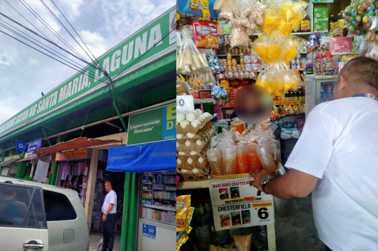 The image shows a green storefront of a shop in Santa Maria, Laguna, with a sign displaying the shop's name. A person stands at the entrance, while a vehicle is parked nearby. The right side of the image features the interior of the shop filled with various snacks and items, with a DTI personnel inspecting products displayed on the counter.