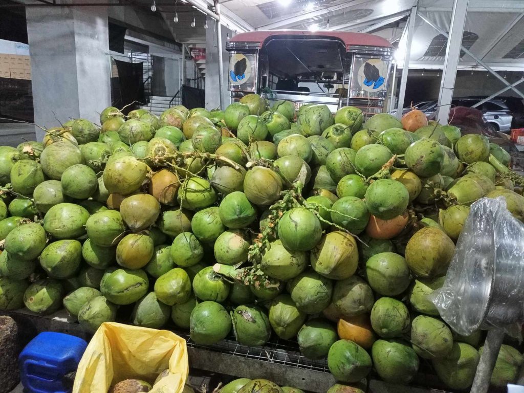 A variety of coconuts were displayed on the market.