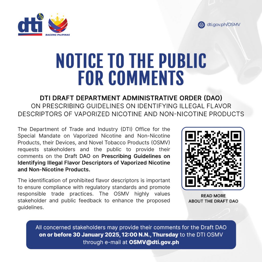 Public consultation on draft DAO for identifying illegal flavor descriptors of vaporized nicotine and non-nicotine products