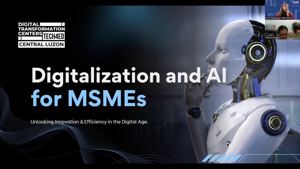 Graphic on digital transformation for MSMEs featuring a humanoid robot and the title "Digitalization and AI for MSMEs."
