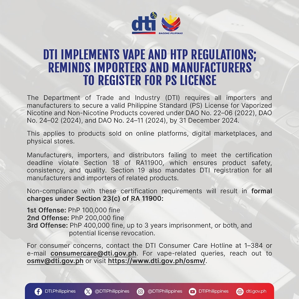 DTI implements vape and HTP regulations, reminds importers and manufacturers to register for PS License