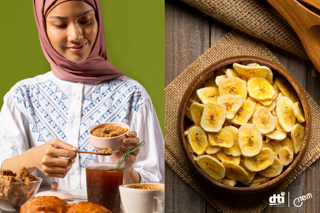 Image showing a person wearing a white and blue embroidered top and pink headscarf adding brown sugar to a glass of iced tea. A bowl of pastries and a cup of coffee are also visible on the table. The second part of the image features a wooden bowl filled with banana chips on a wooden surface with a burlap cloth underneath. Logos of DTI Philippines and CIEM are seen in the bottom right corner.