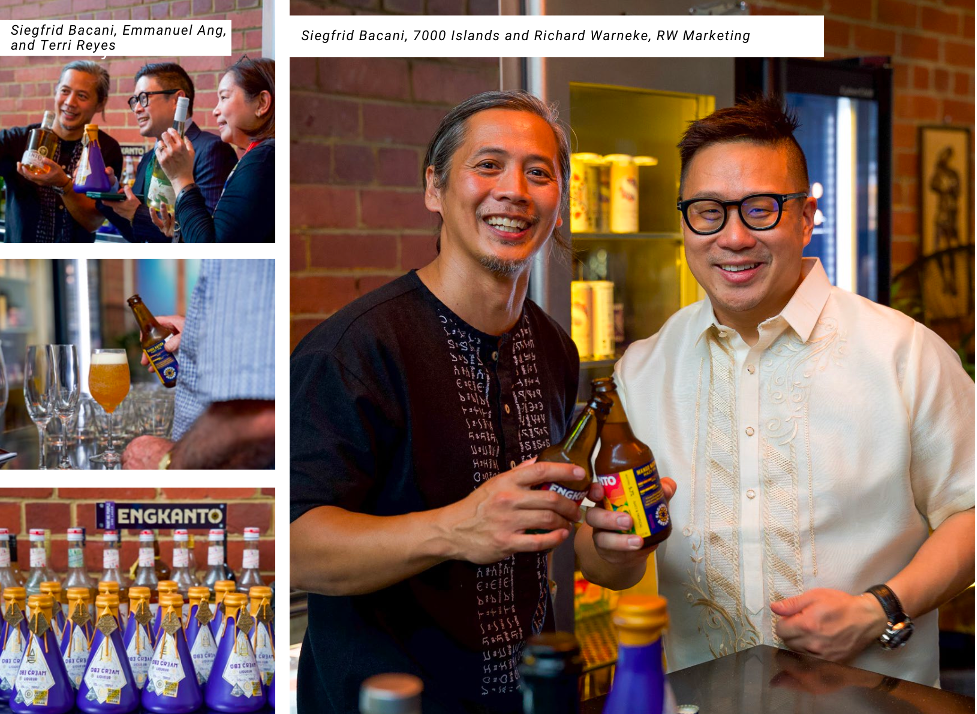 A collage of photos showing rows of Engkanto bottles and wineglass; as well as photos of Siegrid Bacani, Richard Warneke, Emmanuel Ang, and Terri Reyes posing with bottles of Engkanto products during the event, along with photos of Engkanto bottles