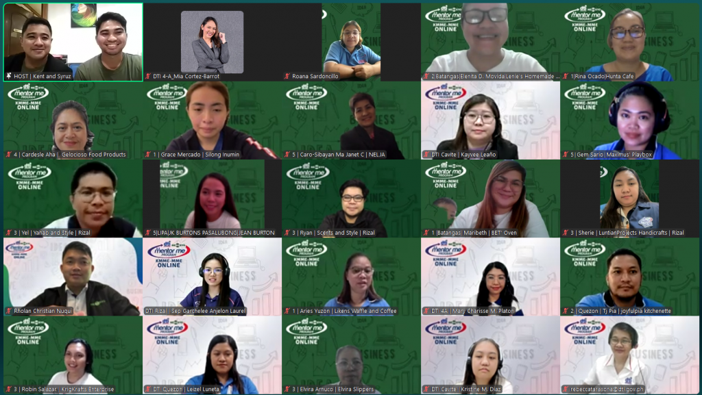 A screenshot of the Zoom session for the 2025 KMME-MME Online Program in CALABARZON, showing multiple participants from DTI Region 4-A and Go Negosyo.