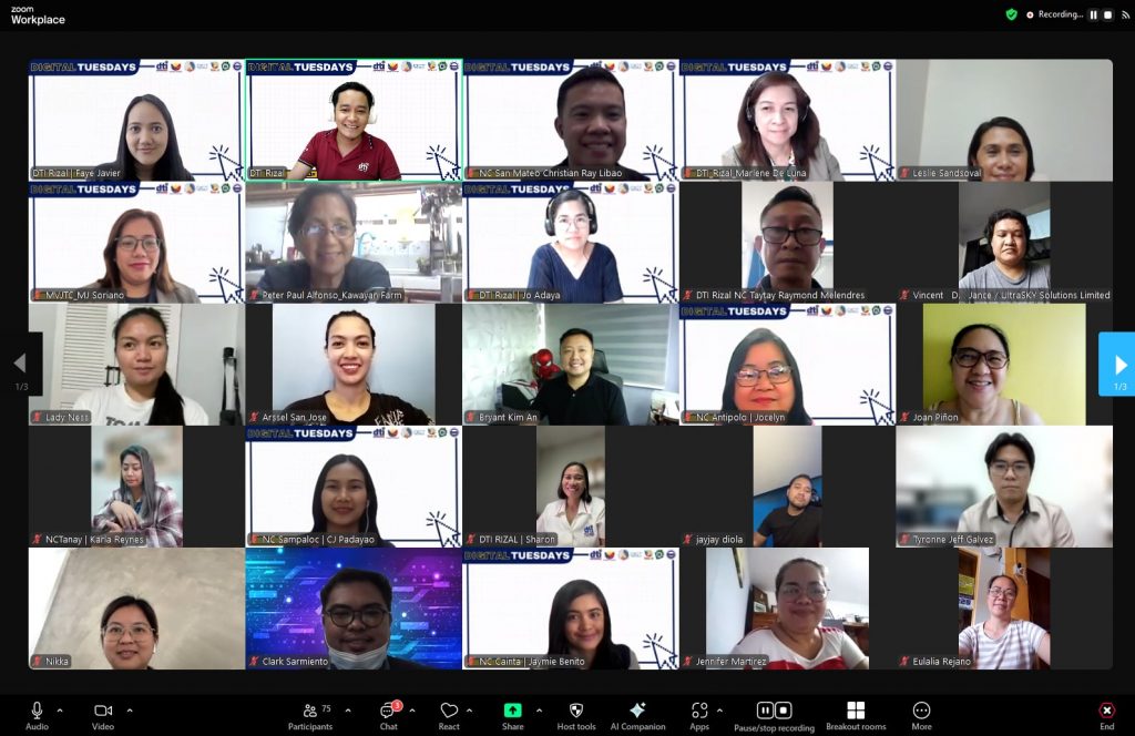 Screenshot of a Zoom session with numerous participants from DTI Rizal and DICT Rizal, featuring presenters and MSME owners discussing TikTok marketing strategies during the Digital Tuesdays event.