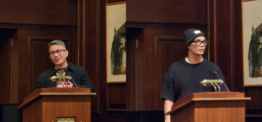 Two photos side by side show Mr. Badong Abesamis (left) and Mr. Vince Lim (right) standing behind wooden podiums in a wood-paneled room, delivering keynote addresses on Filipino creativity on the global stage.