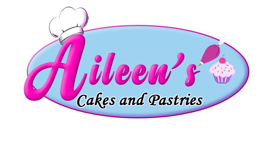 Aileen's Cakes and Pastries logo. Pink script text with a chef's hat, pastry bag, and cupcake on a blue oval.