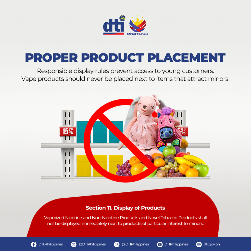 Product placement guidelines prohibiting vape products next to items that appeal to minors.