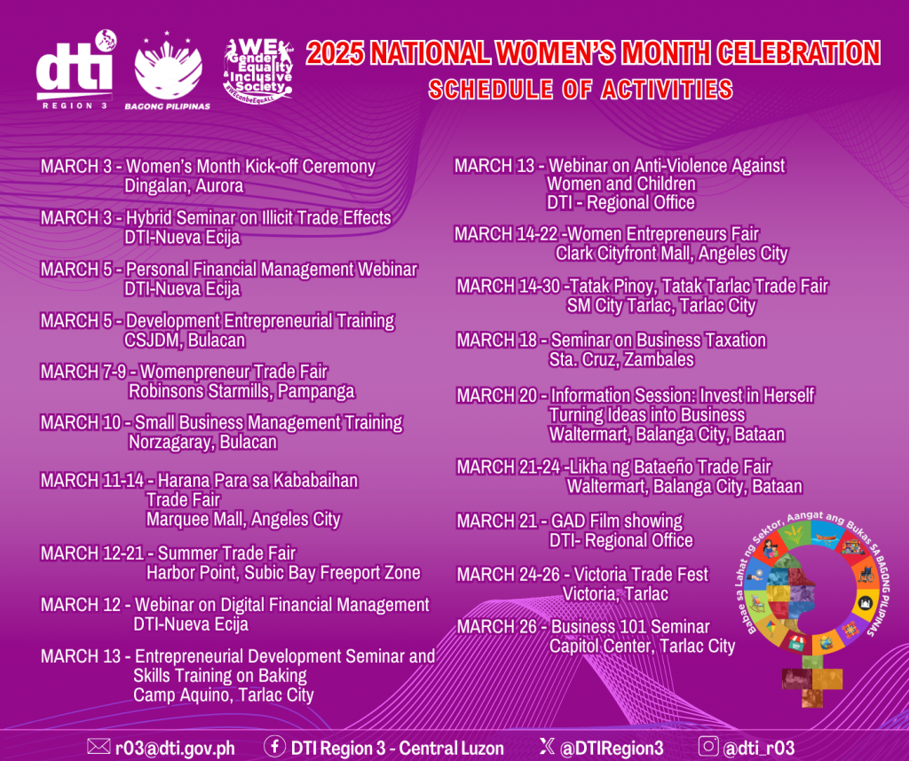 An infographic of DTI Region 3's calendar of activities of women's month 2025