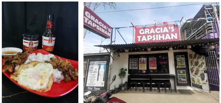 Left photo shows a plate of tapsilog. Right photo shows the facade of Gracia's Tapsihan restaurant.
