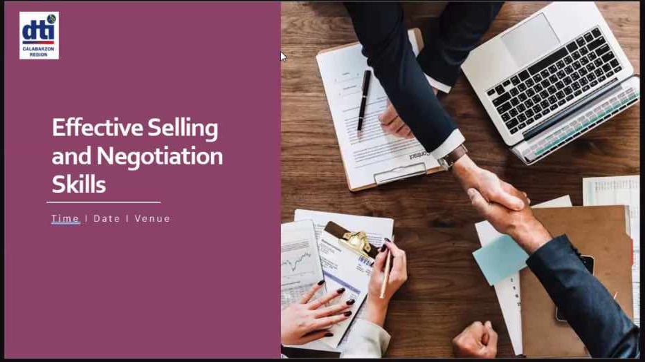 Presentation title slide titled "Effective Selling and Negotiation Skills," featuring the DTI Calabarzon logo. The slide includes placeholders for time, date, and venue, alongside a background image of a business meeting with a handshake.