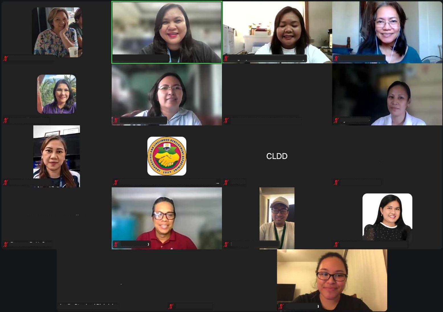 Screenshot of the Zoom online meeting platform showing a grid view of participants attending the DTI-Laguna webinar on "Effective Negotiation Skills cum Consumer Education." One window displays the logo of the collaborating agency, CLDD (Cooperatives and Livelihood Development Department).