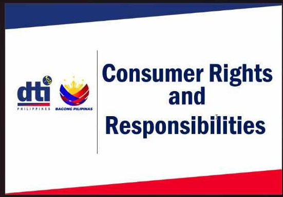 Graphic featuring the DTI Philippines and Bagong Pilipinas logos next to the title text "Consumer Rights and Responsibilities," likely a presentation slide used during the DTI-Laguna webinar on consumer education.