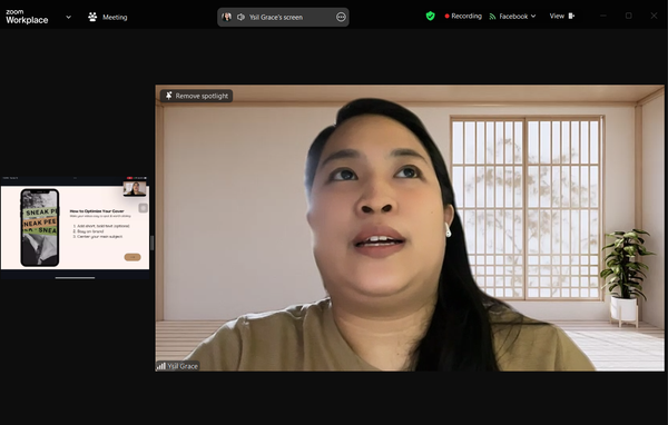 A screenshot shows a woman presenting on a video call. A presentation slide is visible on the left side of the screen. The video conferencing platform's controls and interface are also visible.