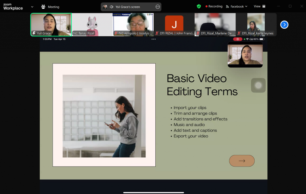 A screenshot of a video conference call displaying a presentation slide titled "Basic Video Editing Terms." The slide lists actions such as "Import your clips," "Trim and arrange clips," "Add transitions and effects," "Music and audio," "Add text and captions," and "Export your video." Several video feeds of participants are visible at the top of the screen.