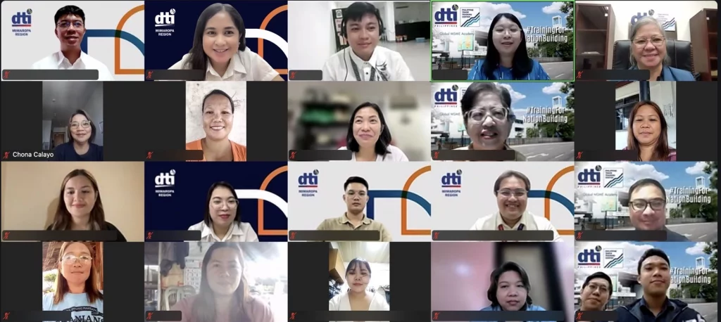 Virtual meeting screenshot from the DTI Food Connect Program launch, displaying numerous participants like MSMEs and DTI officials from MIMAROPA and PTTC in a grid view. DTI branding is visible in several participants' backgrounds.