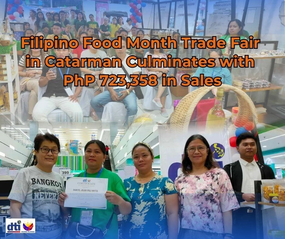 Composite graphic for the DTI Northern Samar's Filipino Food Month Trade Fair: Top half shows a crowd scene overlaid with text "Filipino Food Month Trade Fair in Catarman Culminates with PhP 723,358 in Sales". Bottom half shows a group photo including an exhibitor holding an award certificate. DTI logo is visible.