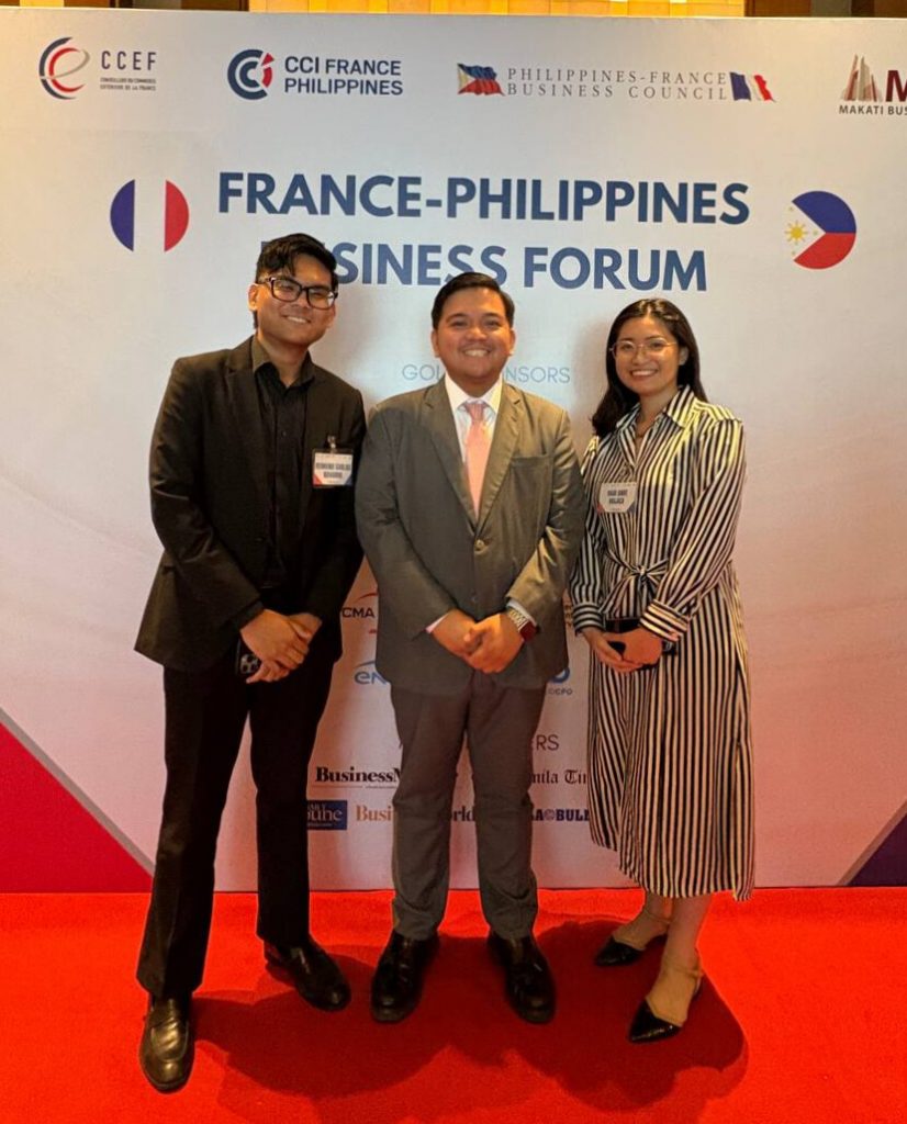 Representatives from the FTSC: Reimund Carlos D. Navarro, Information and Communications Officer (left); Jeremiah C. Reyes, Foreign Trade Service Officer (center); Rain Anne S. Mojica, Regional Coordinator for Europe and Middle East (right)