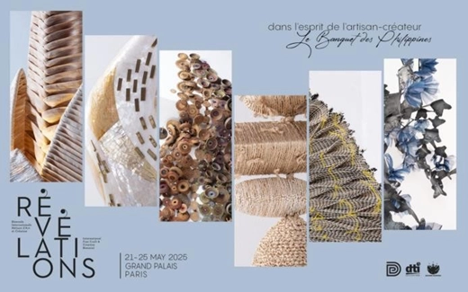 Promotional poster for Révélations 2025 at the Grand Palais in Paris, featuring six vertical panels of contemporary Filipino craftworks made from natural materials like cogon grass, abaca, wax thread, and bamboo beads. The text reads 'dans l'esprit de l'artisan-créateur – Le Banquet des Philippines' and includes event details and logos of supporting organizations.