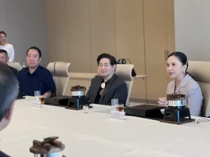 DTI Secretary Cristina Roque with fashion designer Paul Cabral and creative director Patrick Rosas during a meeting at MinebeaMitsumi headquarters in Tokyo, Japan, reaffirming PH-Japan cooperation in technology and manufacturing.