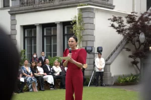 DTI Secretary Cristina Roque speaks at an outdoor event at The Kudan, the official residence of the Philippine Ambassador to Japan, during the Philippine Fashion Showcase featuring Paul CabraDTI Secretary Cristina Roque speaks at an outdoor event at The Kudan, the official residence of the Philippine Ambassador to Japan, during the Philippine Fashion Showcase featuring Paul Cabral’s ‘Filipino Elegance’ collection.l’s ‘Filipino Elegance’ collection.