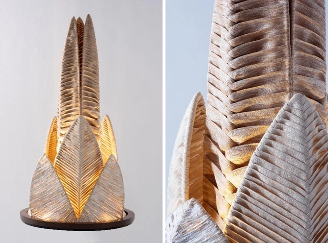 Sculptural piece titled 'Heart of Abaca' by Maricris and Jaime Brias, featuring layered T’nalak strips and abaca dipped in banana pulp, arranged in an upward-growing flower-like form. The left side shows the full structure, while the right side offers a close-up of the intricate T’boli weaving details, symbolizing organic growth and cultural continuity.