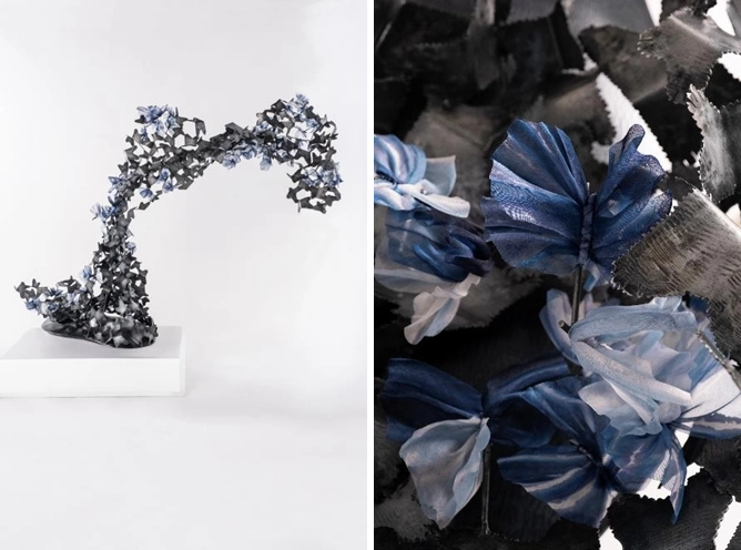 Sculpture titled 'Kaleidoscope' by Jude Tiotuico in collaboration with Olivia d’Aboville and Rurungan sa Tubod Foundation, featuring an arching form made of hammered steel and shibori-dyed silk. The left side shows the full piece with butterfly-like elements in motion, while the right side offers a close-up of the indigo-dyed silk, highlighting intricate patterns resembling butterfly wings.