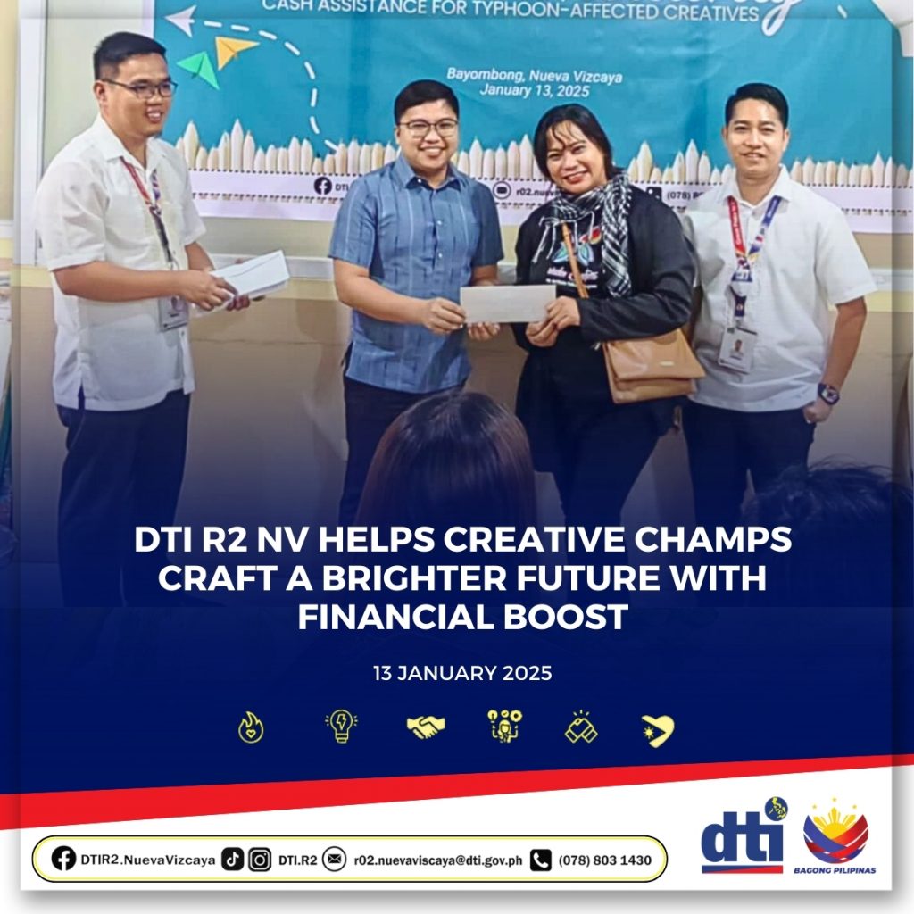 DTI Region 2 Nueva Vizcaya officials hand over financial assistance to creative industry MSMEs affected by Super Typhoon Pepito, during a ceremony held on January 13, 2025, under the banner “Cash Assistance for Typhoon-Affected Creatives.”